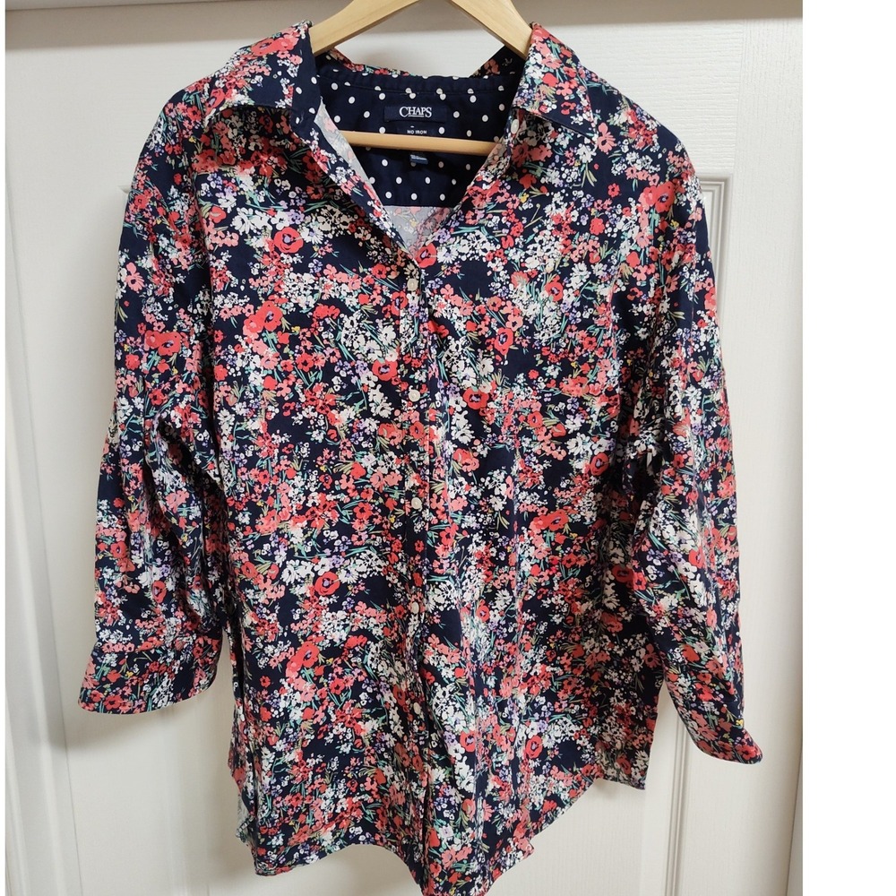 Chaps Womens 2X Navy Blue Floral No Iron‎ 3/4 Sleeve Button Down Shirt